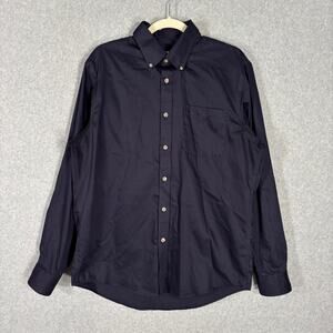 Lands End Shirt Men Large 15 15.5 Navy Blue Pink Button Dress Casual 100% Cotton